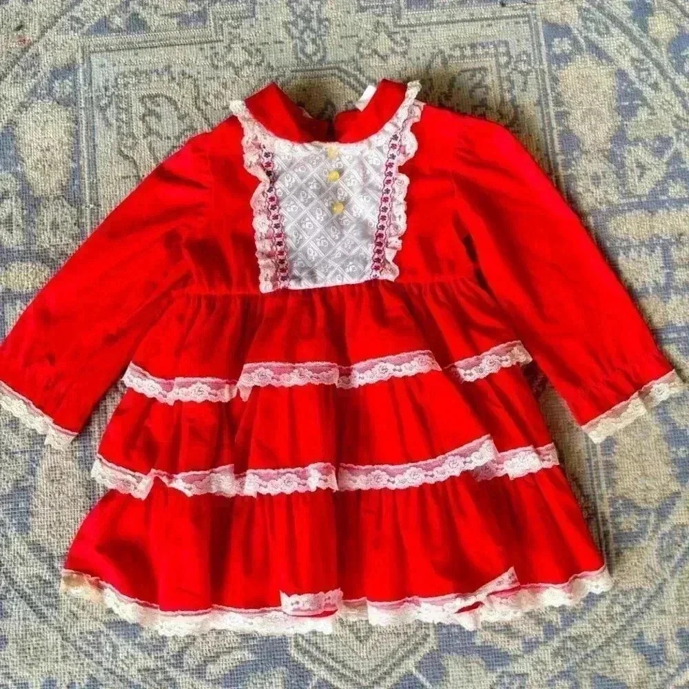 Vintage Red & White Lace Long-Sleeve Baby Dress PRECIOUS Cottage Core Ruffle Dre